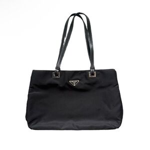 Prada nylon leather strap black tote bag